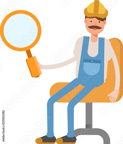 Labor Character Sitting and Holding Magnifier
