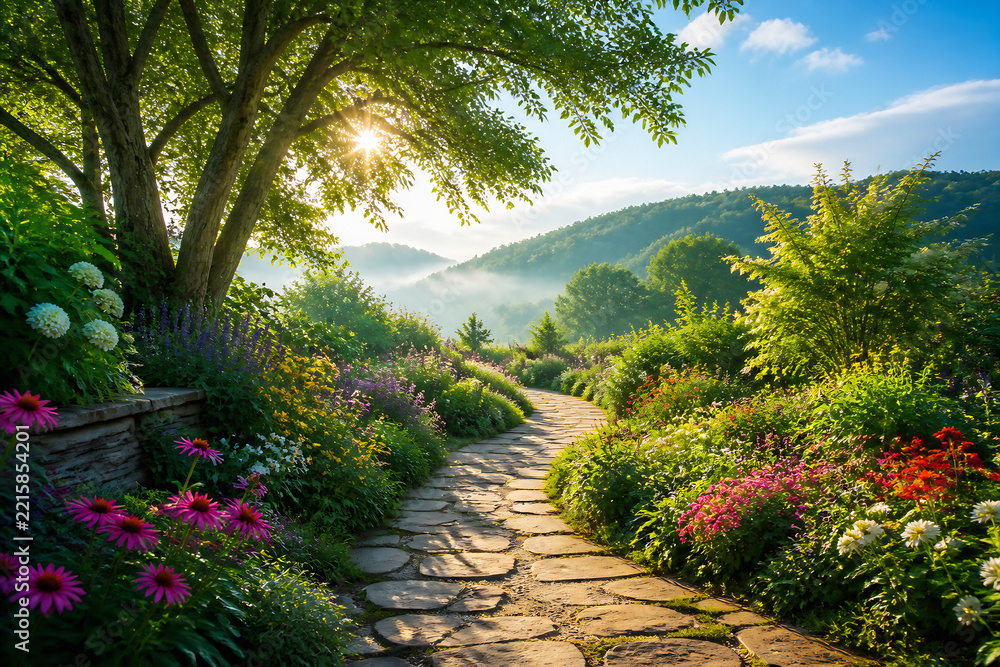 Obraz premium A sunlit, winding stone path leads through a lush, vibrant garden nestled in rolling green hills.