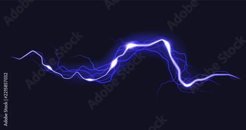 Horizontal electric blue lightning wave stream. Glowing thunderbolt energy strike, electrical discharge flash, high voltage plasma light effect isolated on dark background. storm vector illustration