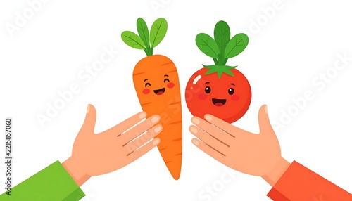 Cartoon Hands Holding a Smiling Carrot and Tomato