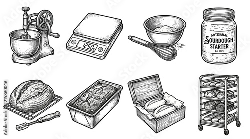 Hand-Drawn Baking Equipment and Artisan Bread Preparation Tools Collection