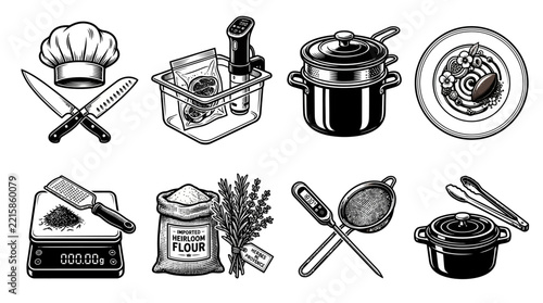 Monochrome Culinary Kitchen Utensils and Cooking Equipment Collection Featuring Professional Chef Tools for Gourmet Food Preparation Tasks