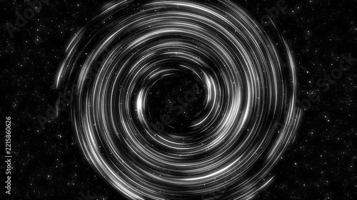 White light spiral with glowing circular trails and stars on black space background