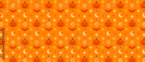 Seamless Halloween pattern with jack-o-lantern pumpkins bats and stars on orange background
