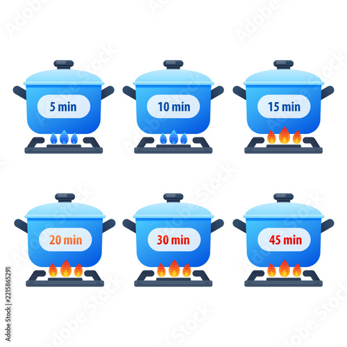 Cooking timer pot set. vector illustration
