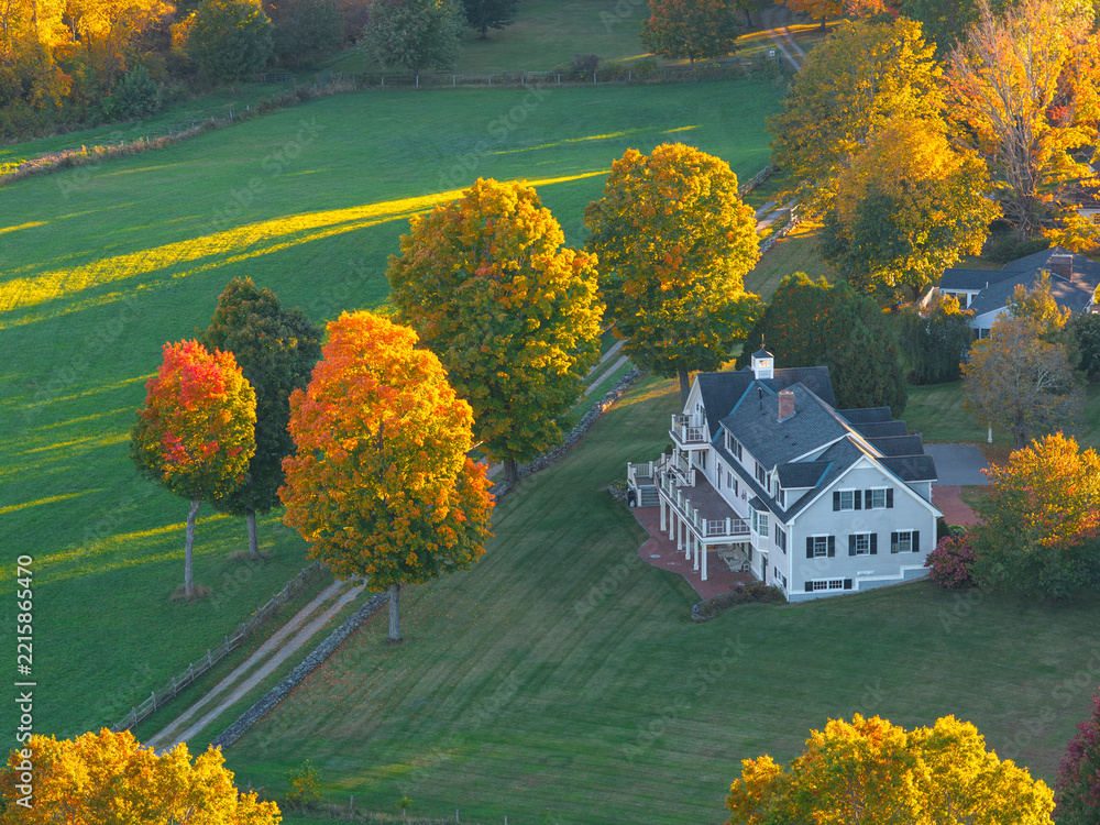 Naklejka premium aerial view of colorful autumn tree and house