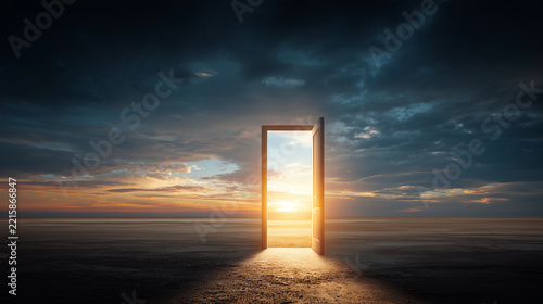 Bright open doorway leading toward a beautiful sunrise landscape, symbolic opportunity, freedom, equality and dreams, Martin Luther King Jr. Day concept, cinematic photorealism, dramatic natural light