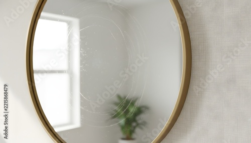 Round gold wall mirror with smudges and fingerprints reflecting sunny window in modern room for home maintenance and house cleaning chores concept with copy space