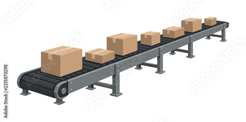 Industrial conveyor belt system transporting cardboard boxes in a warehouse logistics facility