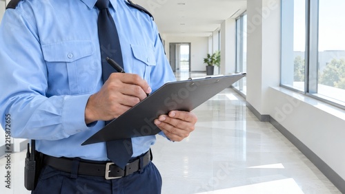 Security guard writing on a clipboard during building patrol with security officer security measures safety protocols building