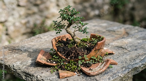 Tree growing from broken pot