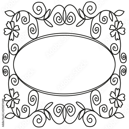 Decorative Oval Floral Frame with Curled Botanical Flourishes and Hand Drawn Flowers, Romantic Vintage Border for Wedding Invitations, Cards and Labels