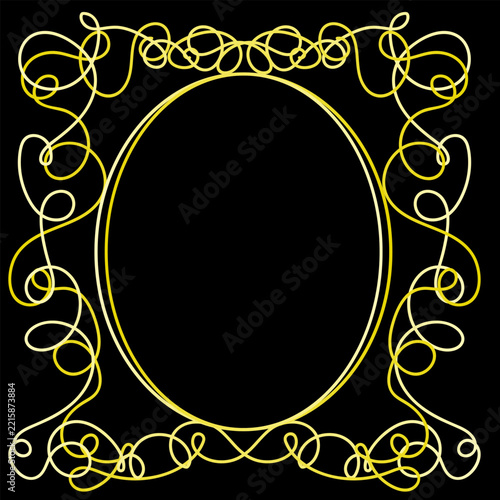 Golden Yellow Ornamental Rectangular Frame with Elegant Curled Line Art on Black Background, Luxury Decorative Border for Invitations, Posters and Labels