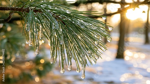 Pine branch ice icicles, Winter nature macro close-up, Cold season frost detail