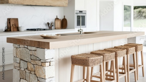 Modern Kitchen Entertaining Space Showing Oak island bar with stone inset cream cabinetry woven stools Variation 2