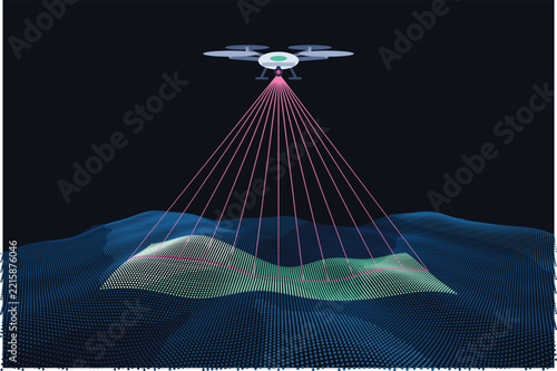 Drone LiDAR Survey with Laser Beams Scanning Point Cloud Terrain on Dark Background, Aerial Mapping Remote Sensing and Topographic Surveying Technology Concept

