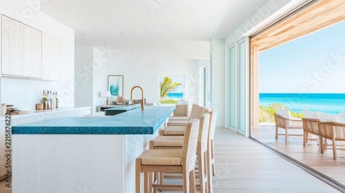 Refined Island Bar Design with Coastal island bar with blue stone top white oak cabinets oce