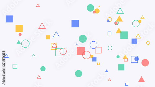 Geometric shapes floating against a soft pastel background with playful scattered colorful elements