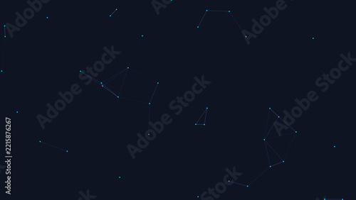 Connected glowing points with lines against a dark blue background representing network connections and technology concepts