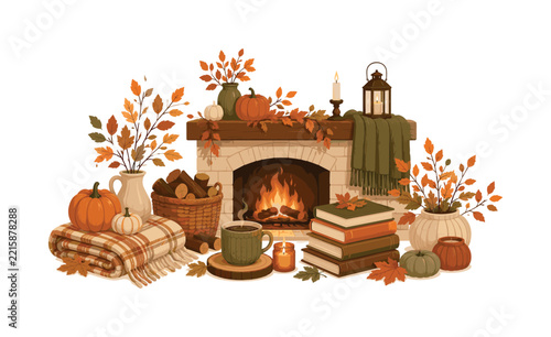 Cozy autumn scene with a fireplace, pumpkins, books, and warm blanket