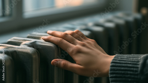 Photorealistic close-up of a person's hand touching a cold radiator in an apartment, checking if the heating is working