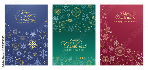 Set of festive Christmas and New Year greeting cards. Elegant and sophisticated poster background template featuring gold snowflakes and fireworks in blue, green, and red design. Merry Christmas and H