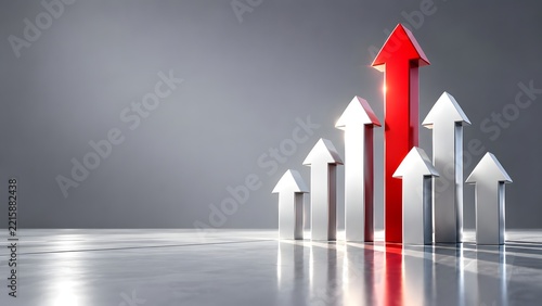Glowing red upward arrow leading group of silver arrows symbolizing business leadership financial growth and market success