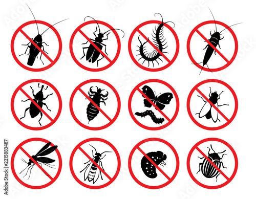 Pest control. Icon set. Insect repellent emblem. Isolated prohibition and warning signs about harmful insects, cockroaches, flies, mosquitoes, beetles. Pest, insect control in the home. Isolated