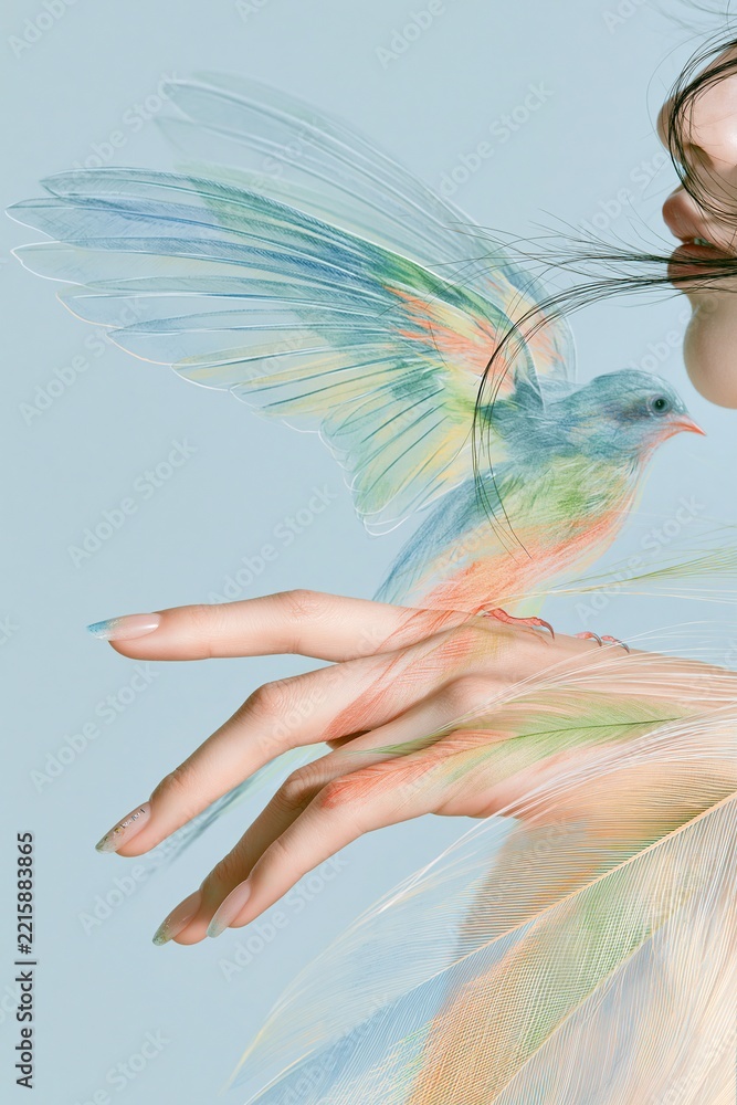 Fototapeta premium Colorful hummingbird with translucent wings hovering above an outstretched hand against a pale blue background with layered feather textures Concept of freedom
