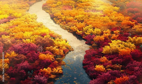 Scenic aerial view of a colorful autumn forest with a winding river, warm golden light casting long shadows, vibrant fall tones creating depth,