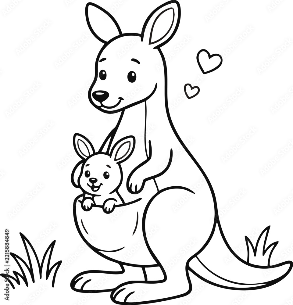 Fototapeta premium Cute mother kangaroo carrying her joey in her pouch surrounded by floating hearts, outlined black and white vector illustration for children coloring page