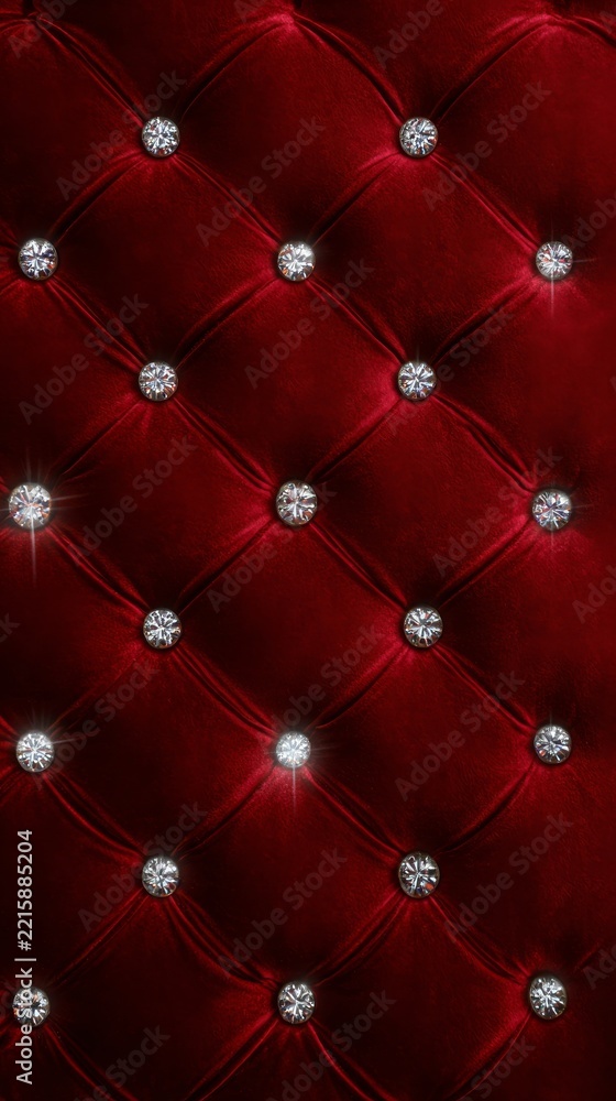 Fototapeta premium Luxury red velvet tufted upholstery background with sparkling diamond buttons