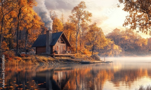 Scenic lakeside cabin surrounded by autumn foliage with smoke rising from the chimney, soft golden light creating a peaceful and cozy retreat,