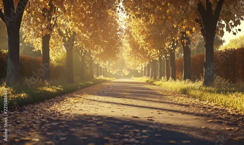Scenic rural road lined with autumn trees, soft golden light filtering through the leaves, rich warm tones creating a peaceful fall atmosphere,