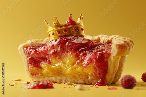 Three Kings Day festive pie with golden crown, glossy lattice pastry crust and sweet filling for traditional Epiphany celebration
