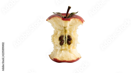 A bitten red apple core with visible seeds isolated on transparent background