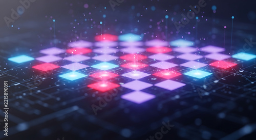 Glowing neon squares arranged in a grid with abstract data connections on dark background