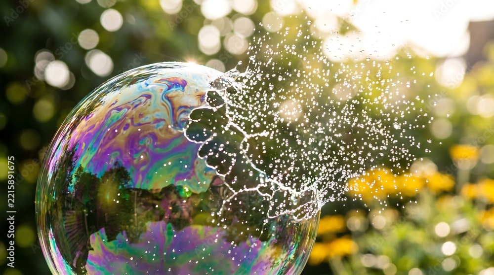 Fototapeta premium Iridescent soap bubble bursting in garden sunlight, macro shot of exploding water droplets, fragile sphere popping against green bokeh background