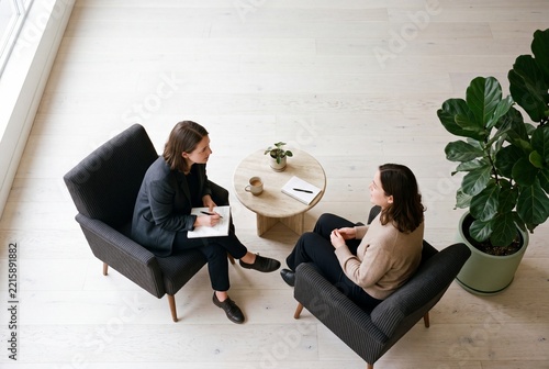 Two businesswomen or a therapist and client having a professional consultation in a minimalist office with comfortable armchairs