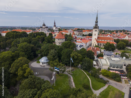 Aerial view of Toompea in Tallinn, featuring the historic Alexander Nevsky Cathedral and St. Olaf's Church surrounded by red rooftops and lush greenery in Tallinn, Harju County, Estonia.