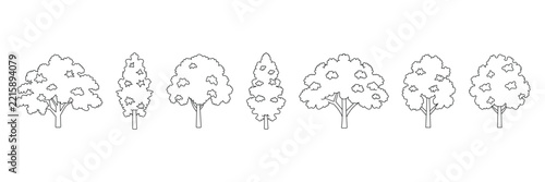Hand Drawn tree line drawing set. Tree Collection, Minimal Botanical Trees, Nature Line Art for architectural entourage, landscape elevation and CAD diagram design.