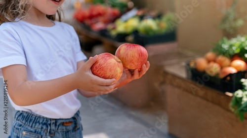 Girl holding two apples at produce stand, fresh fruit selection, healthy eating, grocery retail, nutrition and produce display