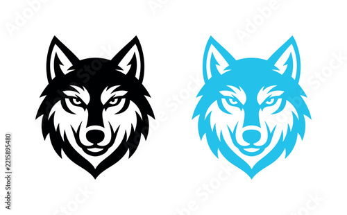 Set of two stylized wolf head emblems in black and blue colors for modern graphic design logos