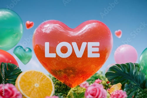 Heart shape with love text surrounded by colorful balloons and flowers