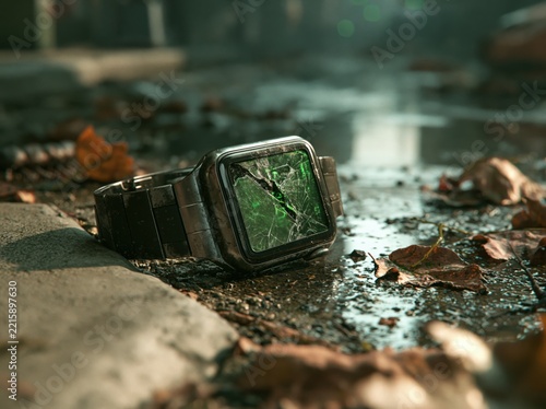 Broken smartwatch with cracked green screen lying in wet puddle