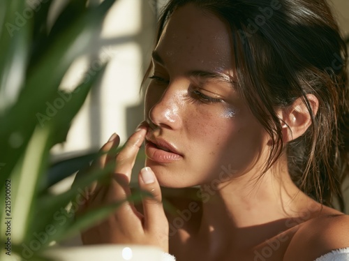 Young woman touching her face in natural sunlight