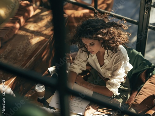Woman with curly hair writing at a table