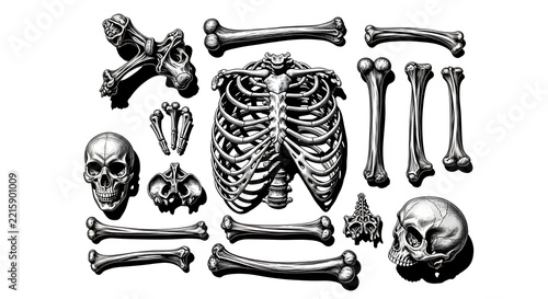 A collection of human skeletal bones and skulls arranged on a white background surface