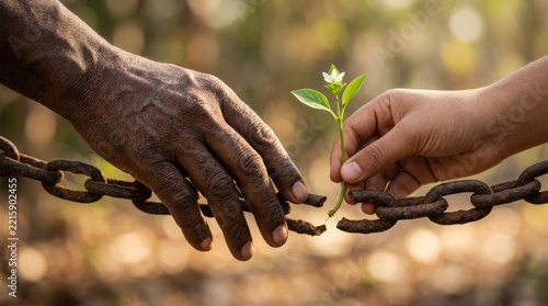 Broken rusty metal chain separating dark and light skin hand holding green plant, demonstrating slavery emancipation, slave liberation, human right justice, historical progress.