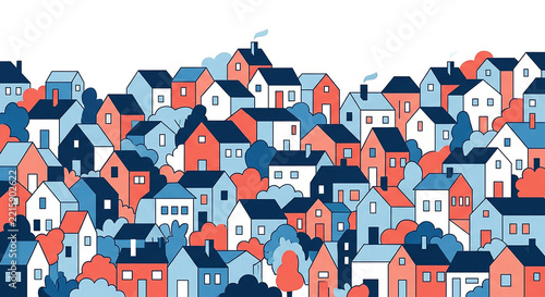 Colorful neighborhood scene with many houses clustered together in a flat illustration style neighborhood residential community